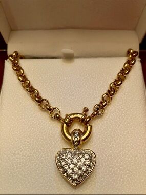New Gold Heart Pendant Necklace with Pavé Man Made Diamonds in Box